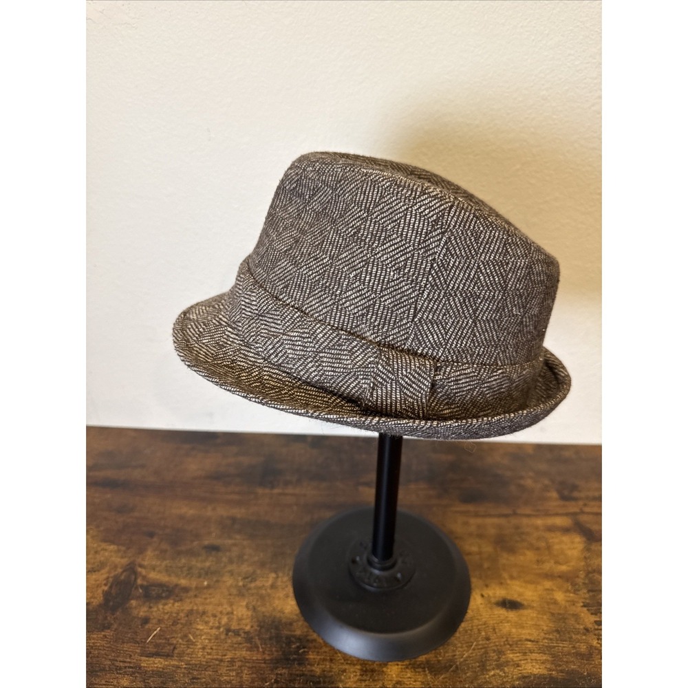 Rivingston & Mott Tan Fedora Hat L/XL Gray Herringbone Wool Blend Mens